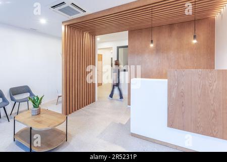 Interno della sala clinica contemporanea con tavolo e sedie collocato vicino al banco decorato con piante in vaso e pannelli di legno e illuminato da lampade Foto Stock