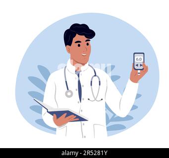 Un giovane medico sorridente tiene in mano un glucometro per misurare lo zucchero. Giornata mondiale del diabete. Illustrazione Vettoriale