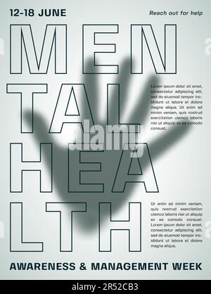 Consapevolezza mentale Salute diffusa mano palma Silhouette Abstract Vector Poster Template. Stampa a mano sfocata su vetro opaco con tipografia moderna Illustrazione Vettoriale