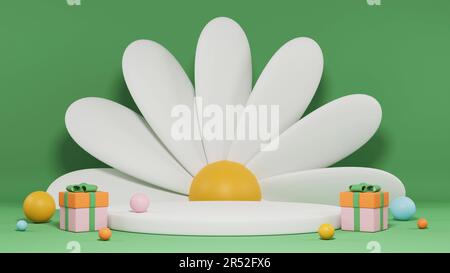 3d rending bambini podio, camomilla, astratto sfondo verde minimo. Scena per il disegno pubblicitario, annunci cosmetici, tecnologia, cibo, banner, crema, f Foto Stock