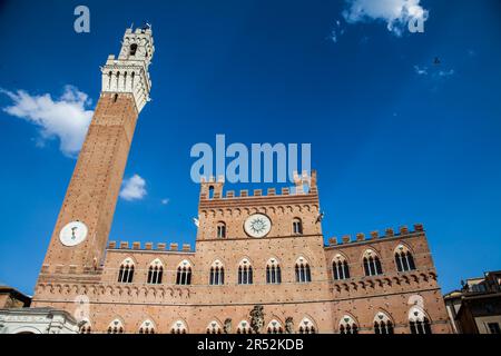 L'Italia, Siena, Piazza del Campo. Dettaglio della Torre del Mangia, 700 anni Foto Stock