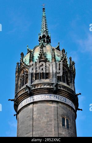 Chiesa del Castello, Wittenberg, Sassonia-Anhalt, Germania, città di Lutero, campanile Foto Stock