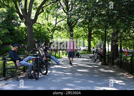 I visitatori si rilassano sulle panchine del parco lungo un sentiero ombreggiato nel Washington Square Park di New York. Foto Stock