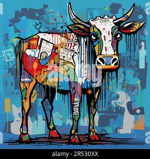 Street art pittura vettoriale di un toro, multicolore Illustrazione Vettoriale