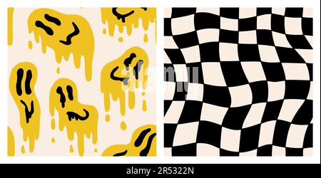 1970 pacchetto di modelli Fluid Smile e Trippy Grid nei colori giallo, nero e bianco. Stile anni Settanta, Trippy Psychedelic Print, Wallpaper. Design piatto, Hippie estetica. Illustrazione vettoriale disegnata a mano. Illustrazione Vettoriale