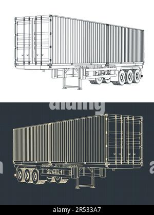 Illustrazioni vettoriali stilizzate di progetti di un rimorchio container a tre assali Illustrazione Vettoriale