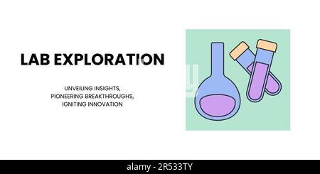 Banner di esplorazione del laboratorio su sfondo bianco. Banner elegante con testo e icone per il settore sanitario e medico Illustrazione Vettoriale
