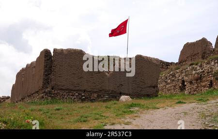 Van Castle, situato nella città di Van, in Turchia, fu costruito durante il periodo urartiano. Ci sono antichi insediamenti intorno. Foto Stock