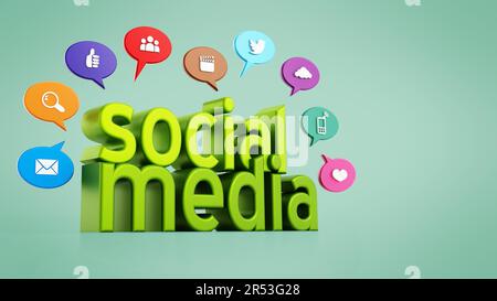 Social media concetto con il testo in verde e media speech palloncini. 3D'illustrazione. Foto Stock