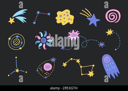 Spazio esterno carino cosmico mano disegnato Doodles set. Illustrazione Vettoriale