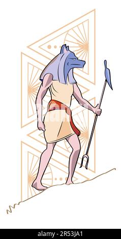 T-shirt design del dio Anubis a piedi un pendio. Illustrazione vettoriale della cultura antica Illustrazione Vettoriale