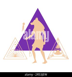 disegno per t-shirt del dio anubis accanto a un triangolo viola. illustrazione vettoriale su temi esoterici dell'antico egitto Illustrazione Vettoriale