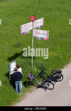 Prati del Reno nei pressi di Duisburg-Beeckerwerth, sentiero pedonale, pista ciclabile sulla diga del Reno, segnaletica per pista ciclabile, svincolo, NRW, Germania, Foto Stock