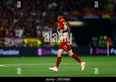 Sevilla, Spagna. 31st maggio, 2023. Gianluca Mancini di AS Roma durante la partita della UEFA Europa League, finale tra il Sevilla FC e l'AC Roma disputata allo stadio Puskas Arena il 31 maggio 2023 a Budapest, Ungheria. (Foto di Antonio Pozo/PRESSIN) Credit: PRESSINPHOTO SPORTS AGENCY/Alamy Live News Foto Stock