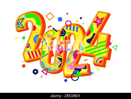 2024 iscrizione colorata per la celebrazione del Capodanno. Modello di design luminoso per banner, siti Web. Biglietto d'auguri di Capodanno. Illustrazione vettoriale Illustrazione Vettoriale