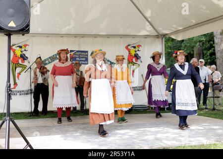 Musica folk, balli di zoccoli, ballerini Morris - scene colorate dal Chippenham Folk Festival in una giornata di sole a Island Park e Borough Parade, Wiltshire Foto Stock