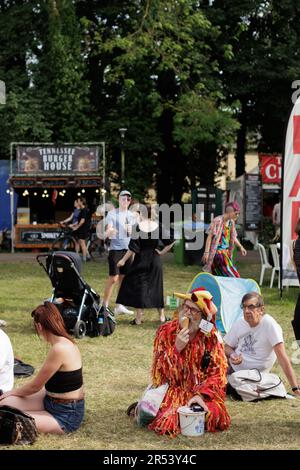 Musica folk, balli di zoccoli, ballerini Morris - scene colorate dal Chippenham Folk Festival in una giornata di sole a Island Park e Borough Parade, Wiltshire Foto Stock