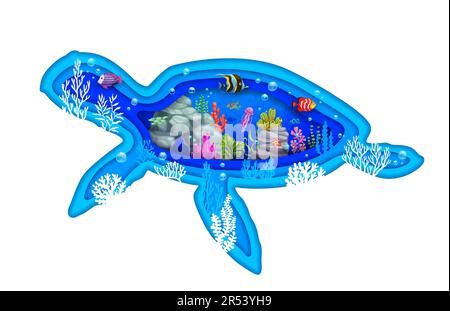 Cartoni animati di carta tartaruga taglio silhouette con paesaggio subacqueo, alghe tropicali vettoriali, pesci shoal e coralli. Mondo sottomarino in strati di papercut di t Illustrazione Vettoriale