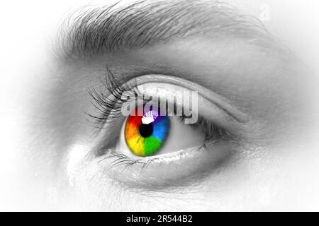 Bella donna, primo piano. Fuoco sull'occhio sinistro, iride nei colori  arcobaleno Foto stock - Alamy
