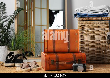 Eleganti valigie e scarpe marroni su tappeti interni Foto Stock