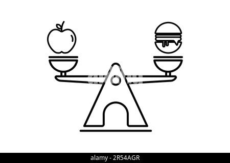 dieta equilibrata icona. mele, hamburger e squame. icona relativa al benessere, sano. Design stile icona linea. Semplice disegno vettoriale modificabile Illustrazione Vettoriale