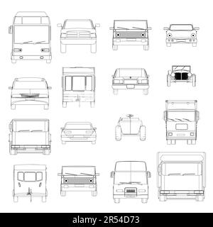 Con contorni di varie auto da linee nere isolate su sfondo bianco. Vista frontale. Illustrazione vettoriale. Illustrazione Vettoriale