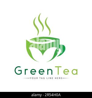 Logo del tè verde Design del tè biologico naturale in foglia logotipo Illustrazione Vettoriale