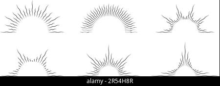 Set di cornici semisurve. Collezione vintage Sunrise e Sunset. Confezione di raggi solari a semicerchio deformata. Elemento retrò per il design dei raggi solari per logo, etichette, badge, banner. Bundle vettoriale Illustrazione Vettoriale