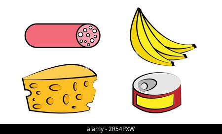 Set di ortaggi e frutta, latticini e prodotti a base di carne isolati. Pepe vettoriale, broccoli e melanzane, pomodoro. Banana e uva. Ciambelle e pane Illustrazione Vettoriale