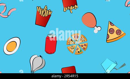 Infinite blu senza cuciture modello di una serie di icone di cibo delizioso e snack per un bar ristorante caffetteria: hamburger, pizza, patatine fritte, gelato, soda, n Illustrazione Vettoriale