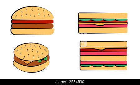 Set vettoriale disegnato a mano di diversi tipi di hamburger, panini e hot dog isolati su sfondo bianco. Illustrazione Vettoriale