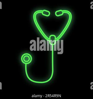 Luminoso verde luminoso medico digitale neon segno per una farmacia o negozio di ospedale bello lucido con uno stetoscopio o phonendoscope su un blac Illustrazione Vettoriale