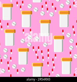 Modello medico senza cuciture, struttura di farmaci multicolore belle compresse, lattine, capsule, vitamine, farmaci, antibiotici isolati o Illustrazione Vettoriale
