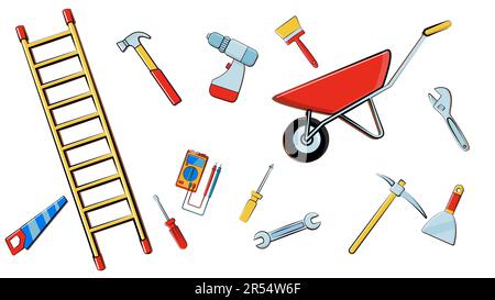 Sparsi sul pavimento oggetti di utensili da costruzione per la riparazione a casa cacciaviti, chiavi, martelli, scale, mop, pale, pennelli su un dorso bianco Illustrazione Vettoriale