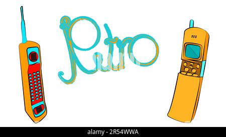 Quattro vecchi e diversi colori retro pulsante retro hipster vintage piazza primi telefoni cellulari con lunga antenna e cursori. Illustrazione Vettoriale