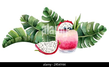 Limonata da cocktail di frutta del drago estivo con fetta di pitaya e foglie di palma verde acquerello Foto Stock
