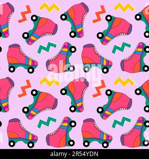 Motivo senza cuciture con simpatici pattini a rotelle retrò colorati. Vintage Style 90s, sfondo 80s con elementi astratti. Illustrazione Vettoriale