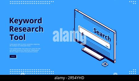 Pagina di destinazione isometrica dello strumento di ricerca per parole chiave. Monitor del computer con casella di ricerca sullo schermo. Ottimizzazione SEO, servizio di analisi 3D illustrazione vettoriale, banner web line art Illustrazione Vettoriale