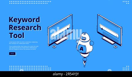 Pagina di destinazione isometrica dello strumento di ricerca per parole chiave. Monitor per computer con casella di ricerca sullo schermo, intelligenza artificiale. Ottimizzazione SEO, servizio di analisi 3D illustrazione vettoriale, banner web line art Illustrazione Vettoriale