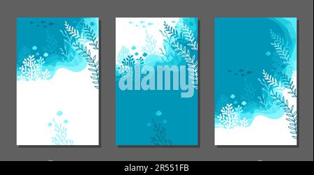 Set di sfondo blu verticale. Vita marina subacquea di una barriera corallina. Giornata mondiale degli oceani Illustrazione Vettoriale