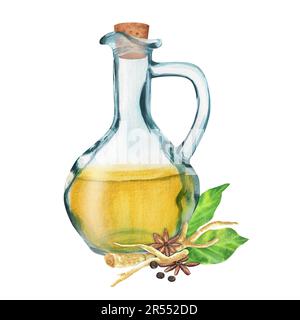 Illustrazione ad acquerello disegnata a mano. Caraffa in vetro con olio e spezie - anice, pepe e ashwagandha. Trattamento ayurveda Foto Stock