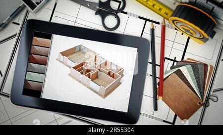 Home decorazione strumenti in piedi su casalinghi bluprints. Illustrazione 3D. Foto Stock