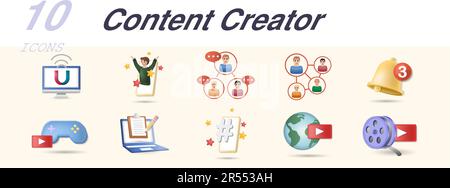 Set creatore di contenuti. Icone creative: Magnete, stella, comunità, social network, notifica, gamestream, copywriter, hashtag, mondo, film reel. Illustrazione Vettoriale