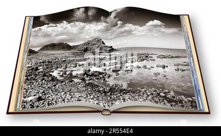 3D rendering di un libro fotografico aperto con paesaggio irlandese (Irlanda del Nord - Regno Unito). Sono il proprietario del copyright delle immagini usate in questo rend 3D Foto Stock