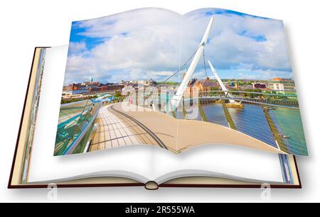 Skyline urbano della città di Derry (chiamata anche Londonderry) nell'Irlanda del Nord con il famoso 'Peace Bridge' (Europa - Irlanda del Nord) - 3D rendono conce Foto Stock