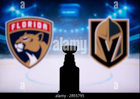 FLORIDA, USA, 31 MAGGIO 2023: Le finali della NHL Stanley Cup. Florida Panthers vs Vegas Golden Knights, Silhouette del trofeo Stanley Cup. Sfondo per NHL fin Foto Stock