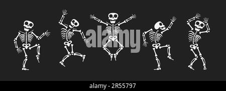 Scheletri danzanti con diverse posizioni piatto stile disegno vettore set di illustrazione. Ballo divertente Halloween o Day of the Dead Skeletons collezione. Illustrazione Vettoriale