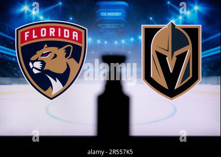 FLORIDA, USA, 31 MAGGIO 2023: Scontro per la Stanley Cup: Florida Panthers vs Vegas Golden Knights - abbracciare la silhouette di Hockey Glory. Finale NHL Foto Stock