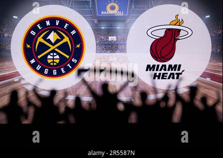 MIAMI, USA, 31 MAGGIO 2023: The Battle for NBA supremacy: Denver Nuggets vs Miami Heat nelle epiche finali NBA, illuminate dalla Silhouette of the Cove Foto Stock