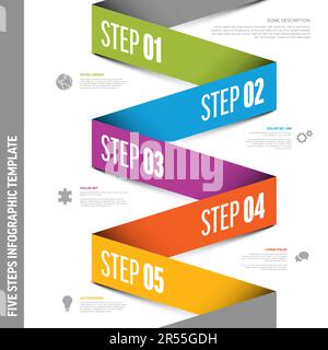 Cinque modelli di passi di blocco di avanzamento del vettore con descrizioni, numeri grandi. Cinque fasi di striscia di carta colorata fresca in sequenza con la descrizione delle attività Illustrazione Vettoriale